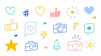 Flat colorful vector doodle icons of hearts, thumbs up, hashtags, chat bubbles, notification bells, cameras. Vector set.