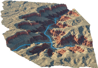 Detailed 3d aerial view of a rugged canyon with a winding river isolated on transparent background