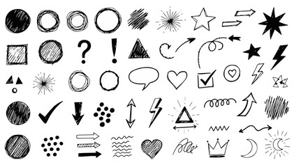 Doodle collection with hand drawn sketch design elements for creative projects or presentations, adding a playful touch to any digital canvas