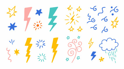Flat colorful vector doodle icons of lightning bolts, swirls, bursts, stars, sparks. Vector set.
