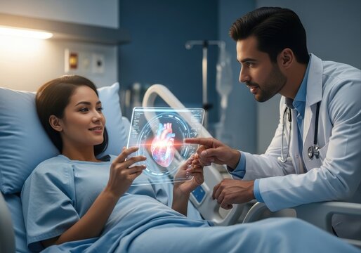male doctor shows woman 3d heart scan on futuristic transparent tablet in hospital. innovative healthcare technology, medical diagnostics, patient empowerment.