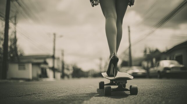 Fototapeta Person on skateboard rolling down street black and white photo
