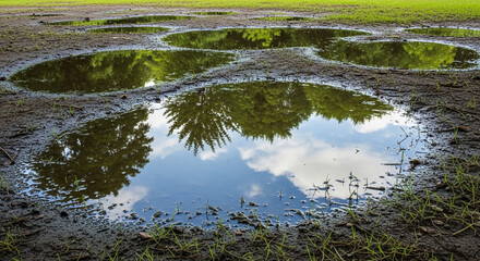 Puddles on muddy ground reflecting trees and sky after rain wet surface