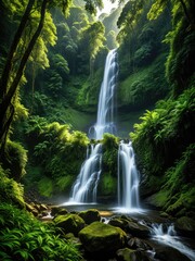 Obraz premium Lush waterfall cascades through verdant rainforest. Sunlight illuminates scene
