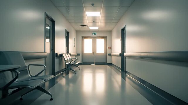 The hospital corridor is spotless and unoccupied, with a line of chairs in the waiting section. The clinic interior is contemporary, featuring shiny floors and well lit spaces