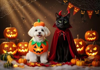 Cute Pets in Halloween Costumes with Glowing Pumpkins