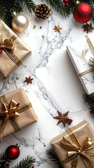 Christmas presents on marble, adorned with ornaments and fir