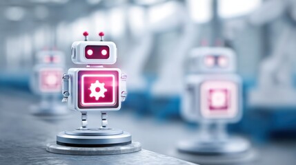 futuristic robot icon glowing above blurred smart factory floor with robotic arms, symbol of automation and industry 4.0
