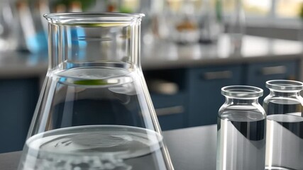 Lab experiment showcasing various glass containers filled with liquids, highlighting scientific research and setup in a modern laboratory