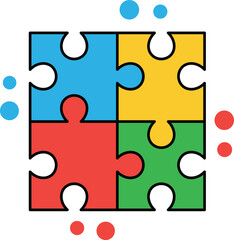 Four colorful puzzle pieces connected with scattered dots jigsaw connection