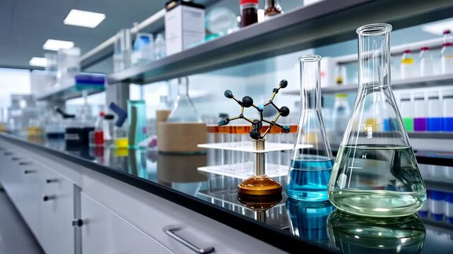 Exploring a modern laboratory with various glassware and scientific equipment in use for experiments and research