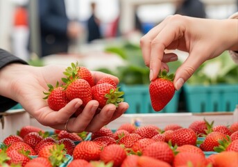 hands choosing fresh ripe strawberries at farmers' market. healthy eating, summer harvest and supporting local business concept. food blog, recipe, grocery.