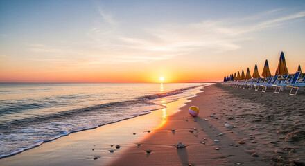 Beautiful beach sunrise with umbrellas and beach ball summer vacation scene