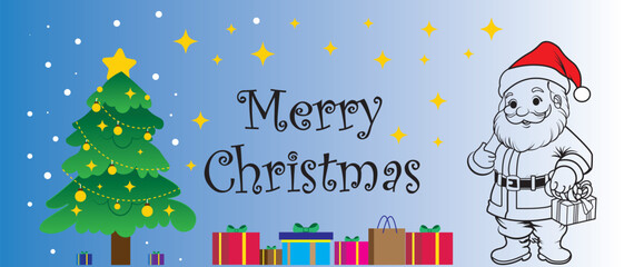 Merry Christmas web banner with Santa Claus, gift box item, snowflakes, and green pine branches. Horizontal posters, greeting cards, website, headers and cover design. Vector illustration.