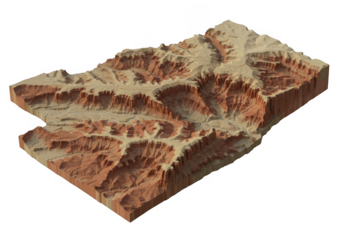 Detailed 3d model of a rocky mountain terrain landscape isolated on transparent background