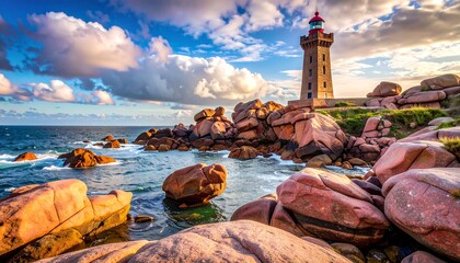 Scenic lighthouse overlooking rocky coastline at sunset