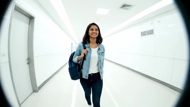 Cheerful young woman with a backpack walks with confidence through a sleek, modern hallway. The scene is viewed from a unique perspective through a security peephole