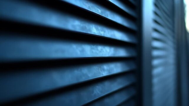 Close-up of blue louvers with shallow depth of field and blurred lights