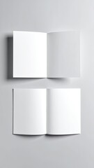 Naklejka premium Open square blank booklets on grey surface. Top-down view, shadow