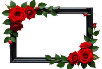 Elegant black frame decorated with vibrant red roses and green leaves, perfect for romantic designs