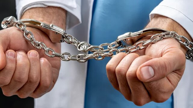 A medical professional, currently handcuffed, has been taken into custody following serious allegations and legal charges against them