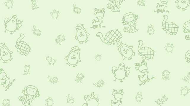 Doodle animal pattern with cartoon animals on a light green background, suitable for childrens products, stationery, and packaging design.