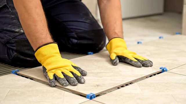 Skilled tiler donning bright yellow gloves meticulously placing a fresh ceramic tile on the ground with the help of a leveling tool
