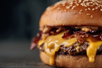 Close-up of a juicy cheeseburger with crispy bacon and melted cheddar cheese oozing over a grilled beef patty inside a sesame seed bun in a dark moody setting
