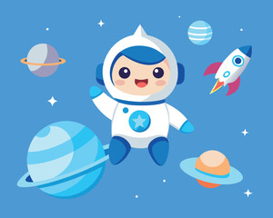 Cute cartoon astronaut waving in space with planets and rocket cosmos