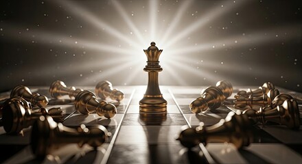 Golden Queen Dominates A Fallen Chess Battlefield With Dramatic Lighting