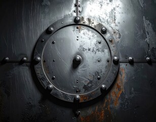 Metallic circular panel with rivets on weathered, industrial steel door