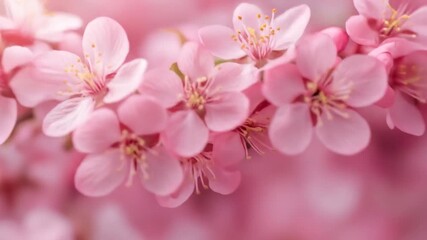Close-up of delicate pink blossoms with yellow centers on a soft, blurred pink background