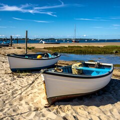 Fototapeta premium Two rowboats on a sandy beach with calm waters