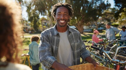 Medium shot of a cheerful volunteer handing out free bicycles to local families in a neighborhood park during a sunny day.