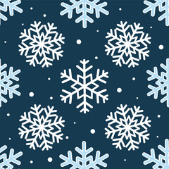 Seamless snowflake pattern, white, navy and ice blue color palette with silver accents