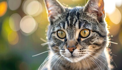 Close-up of a tabby cat with captivating eyes, sunlit bokeh background