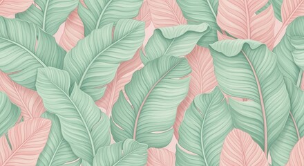 A pattern of large, pastel green and pink banana leaves.