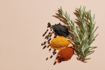 A creative overhead shot with turmeric, paprika, charcoal powder, peppercorns and rosemary sprigs placed diagonally on a smooth pastel surface with soft shadows