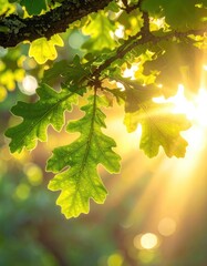 Sunlit oak leaves, bright green with light streaming through branches