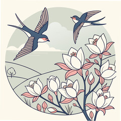 Vector Illustration of swallows & magnolia.