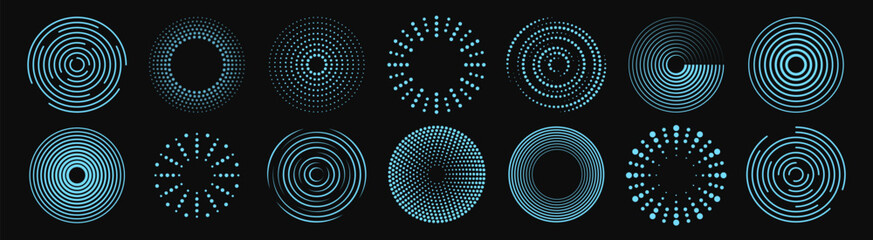 Set of futuristic circular elements composed of glowing blue spirals, concentric lines, and halftone dots