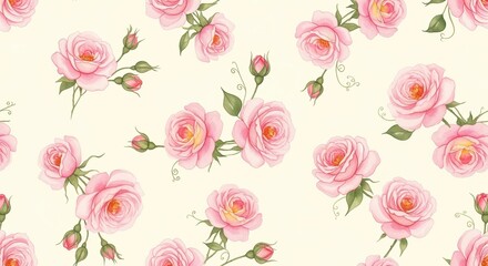 A delicate pattern of pink roses on a cream background.