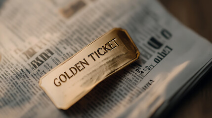 A golden ticket rests atop the news, a symbol of opportunity and a touch of wonder in the everyday. A hopeful message amidst the headlines.