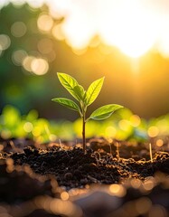 Young plant emerging, sunlit. Lush green leaves in focus, natural light bokeh background