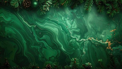 Green abstract marbled art with holiday accents, fir, and pine cones