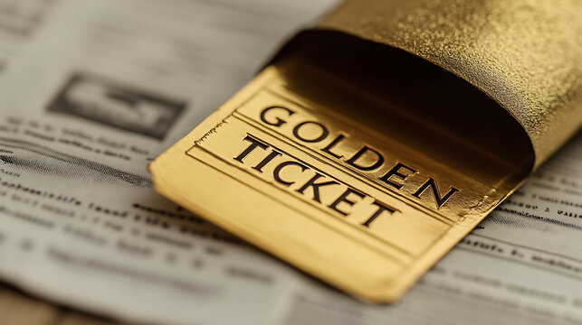 A symbolic 'Golden Ticket' rests on a newspaper, representing opportunity, reward, or a stroke of luck, creating intrigue and anticipation.