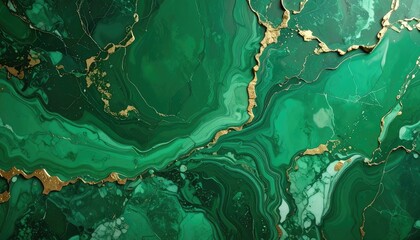 Emerald green marbled texture with flowing gold veins, abstract art