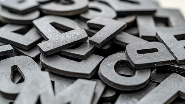 Close-up of jumbled dark gray textured alphanumeric characters, scattered and overlapping