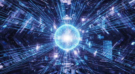 Abstract technology background blue sphere light data stream future tech art