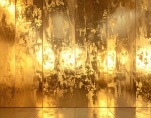 Reflective golden wall with an abstract, textured pattern. Panels catch the light